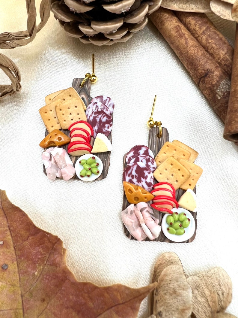 Miniature charcuterie board clay earrings, miniature food clay earrings, fake food image 4