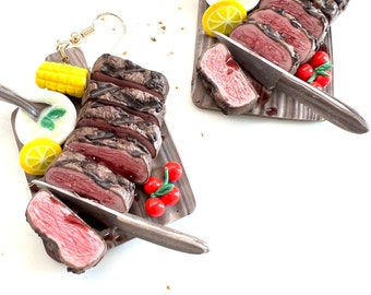 Grilled steak clay earrings, meat board clay jewelry, food earrings, miniature food jewelry