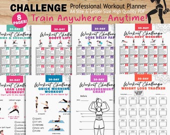 Ensemble de défis d'entraînement de 30 jours, exercices des fesses, du ventre, des cuisses, des graisses latérales et des bras, programme de remise en forme à domicile, ensemble d'entraînements ultime, 6 entraînements à domicile