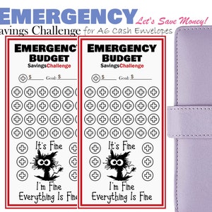 Può includere: Due tracker di budget di emergenza stampabili con un'illustrazione di gatto in bianco e nero. I tracker hanno un bordo rosso e uno spazio per scrivere un obiettivo di risparmio. Ogni tracker ha 36 cerchi da colorare man mano che risparmi denaro.
