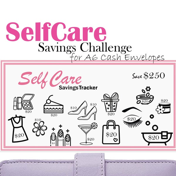 Self Care Savings Challenge for A6 Cash Envelopes, Printable Mini Tracker, Budget Binder Insert