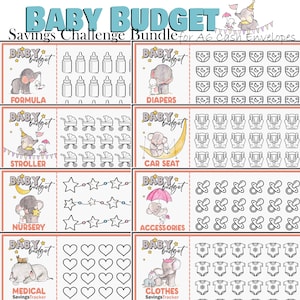 Könnte beinhalten: Ein Satz druckbarer Baby-Budget-Spar-Challenge-Karten mit einer niedlichen Elefantenillustration. Die Karten sind für A6-Bargeldbriefe konzipiert und beinhalten Kategorien wie Milchnahrung, Windeln, Kinderwagen, Autositz, Kinderzimmer, Zubehör, Medizin und Kleidung.
