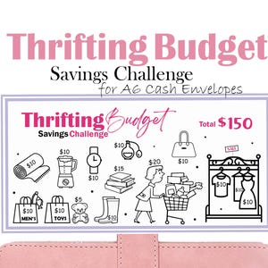 May include: A black and white illustration of a thrifting budget savings challenge for A6 cash envelopes. The illustration includes a variety of items, including a blender, a watch, a handbag, a stack of books, a teddy bear, a pair of rain boots, and a clothing rack with clothes on hangers. The total budget is $150.