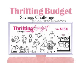 May include: A black and white illustration of a thrifting budget savings challenge for A6 cash envelopes. The illustration includes a variety of items, including a blender, a watch, a handbag, a stack of books, a teddy bear, a pair of wellies, and a clothing rack with clothes on hangers. The total budget is £150.