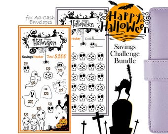 May include: A printable Halloween savings tracker with a total goal of $200. The tracker features a black and white illustration of ghosts, pumpkins, and skulls. The text "Happy Halloween" is written in a decorative font.