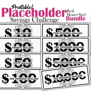 May include: Printable black and white money saving challenge set with denominations from $10 to $10,000. The set includes a purple wallet.