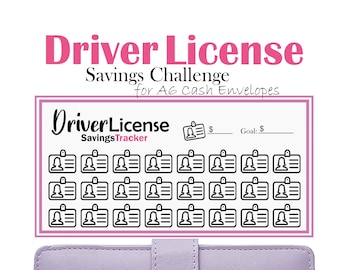 May include: A printable driver's licence savings tracker for A6 cash envelopes. The tracker has 24 driver's licence icons with lines for writing in amounts. The text "Driver License Savings Tracker" is at the top of the tracker. The text "Goal: $ _____" is at the top right of the tracker.