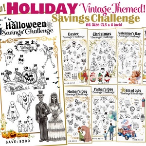 May include: A set of 10 printable holiday savings challenge charts featuring vintage-themed illustrations. Each chart is designed for a different holiday, including Halloween, Thanksgiving, Christmas, Easter, Valentine's Day, Mother's Day, Father's Day, 4th of July, and Black Friday. The charts are in black and white and feature a variety of illustrations related to each holiday. The charts are designed to be printed on 8.5 x 11 inch paper.
