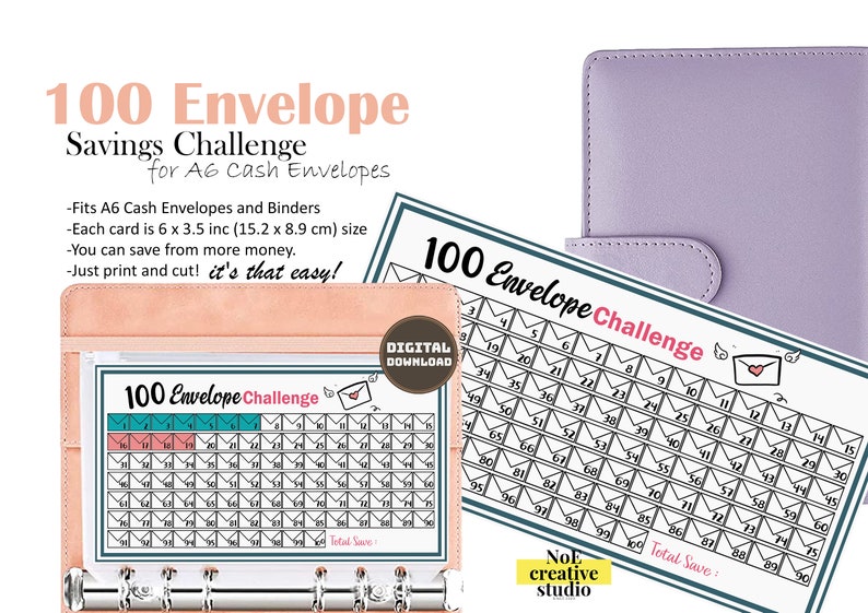 100 Envelope Savings Challenge Printable Savings Tracker A6 Budget
