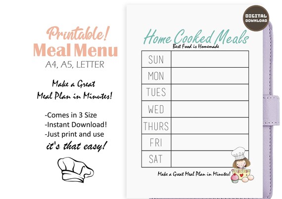 Weekly Meal Menu Printable Family Menu Planners Daily Meal - Etsy