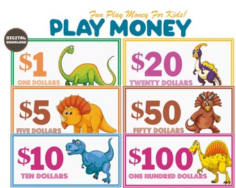 Printable Play Money, Dinosaurs Themed Learning Money, Pretend Money for Kids, Instant Download