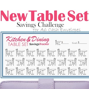 Pode incluir: Um cartão branco com uma borda azul e o texto "New Table Set! Savings Challenge for A6 Cash Envelopes" em rosa. O cartão tem um rastreador de economia de mesa e cadeiras com o texto "Kitchen & Dining Table Set Savings Tracker" e um lugar para escrever o valor da meta.