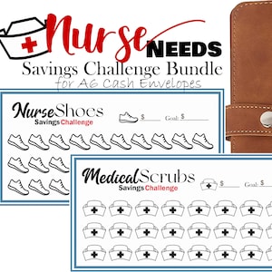 Può includere: Un pacchetto di sfide di risparmio stampabile per infermieri, con due fogli di formato A6 con un design di cappello e scarpe da infermiera. I fogli sono intitolati "Nurse Shoes Savings Challenge" e "Medical Scrubs Savings Challenge".