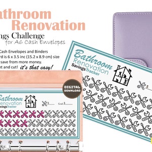 May include: A printable bathroom renovation savings tracker card with a house and wrench icon. The card is designed to be used with A6 cash envelopes and binders. The text on the card reads "Bathroom Renovation Savings Tracker".