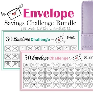 May include: A savings challenge bundle for A6 cash envelopes. The bundle includes two printable charts, one for a 30 envelope challenge and one for a 50 envelope challenge. The charts are in pink and green with black outlines and numbers. The text "30 Envelope Challenge" and "50 Envelope Challenge" is in black. The price for the 30 envelope challenge is $465 and the price for the 50 envelope challenge is $1,275.