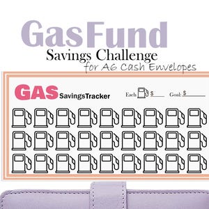 Op de afbeelding: Een printbare benzinefonds-spaartracker met een roze en zwarte benzinepomp-afbeelding. De tracker heeft 24 benzinepomp-pictogrammen om besparingen bij te houden. De tekst "Gas Fund Savings Challenge for A6 Cash Envelopes" staat bovenaan de tracker. De tekst "GAS Savings Tracker" staat linksboven op de tracker. De tekst "Elke €___ Doel: €___" staat rechtsboven op de tracker.