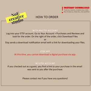 May include: A white and yellow graphic with the text "NOE creative studio" and instructions on how to download a digital purchase from Etsy. The text includes instructions for downloading with an Etsy account, using the Etsy app, and for guests who checked out without an account.