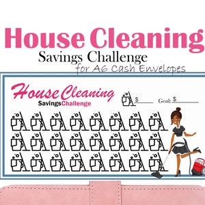 May include: A printable house cleaning savings challenge tracker with a cartoon maid and a vacuum cleaner. The tracker has 30 spaces to track progress towards a savings goal. The text on the tracker reads "House Cleaning Savings Challenge".