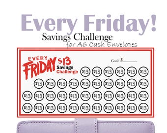 May include: A printable savings challenge tracker with the text "Every Friday! Savings Challenge for A6 Cash Envelopes". The tracker has a red and white design with the words "Every Friday $13 Savings Challenge" in red. There are 40 circles with the number "13" inside each circle.