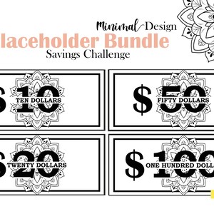 May include: A set of four printable black and white money saving challenge cards with a mandala design. The cards feature the amounts $10, $20, $50, and $100.