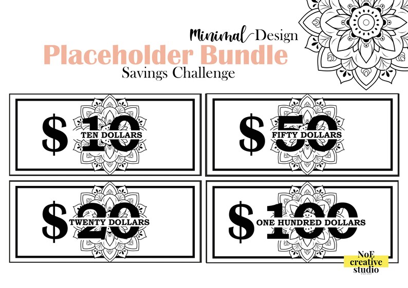 May include: A set of four printable black and white money saving challenge cards with a mandala design. The cards feature the amounts $10, $20, $50, and $100.