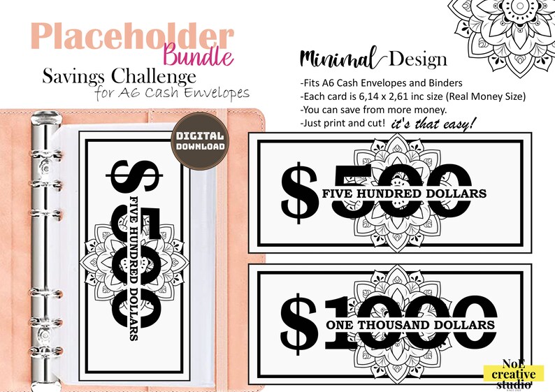 May include: Printable black and white cash envelope templates with a mandala design. The templates are for $500 and $1000. The text "Minimal Design" is included in the image. The text "Fits A6 Cash Envelopes and Binders" is included in the image. The text "Each card is 6.14 x 2.61 inc size (Real Money Size)" is included in the image. The text "You can save from more money." is included in the image. The text "Just print and cut! It's that easy!" is included in the image.