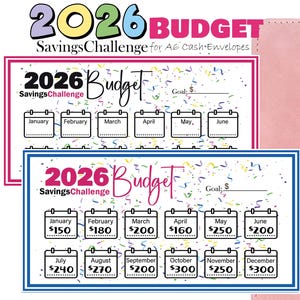 Puede incluir: Un desafío de ahorro presupuestario para sobres A6 rosa para 2026. El diseño presenta un diseño de calendario con objetivos de ahorro mensuales. El texto incluye "2026 Budget Savings Challenge" y un espacio para una meta financiera.