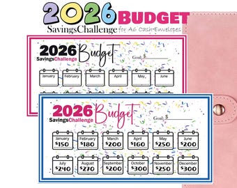 Sfida del risparmio 2026, Tracker dei risparmi stampabile, Raccoglitore per budget A6, Buste per contanti, Risparmio mensile