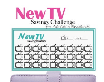 May include: A printable savings tracker for a new TV. The tracker features a grid of 36 television icons, with space to write in the amount saved for each. The text "New TV Savings Tracker" is at the top of the tracker. The text "for A6 Cash Envelopes" is at the bottom of the tracker.