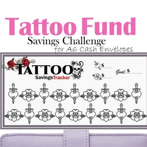 Op de afbeelding: Een printbare spaarplanner voor een tattoo-fonds. De planner heeft een schedel en gekruiste beenderen met een hart- en bloemendesign. De planner heeft 16 vakjes om besparingen bij te houden met een doelbedrag en twee vakjes om het totale bespaarde bedrag bij te houden.