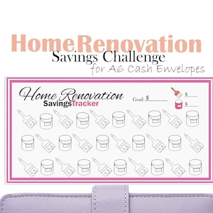 May include: A printable home renovation savings tracker with a pink border. The tracker features 25 paint cans and paintbrushes to color in as you save for your home renovation project. The text on the tracker reads "Home Renovation Savings Tracker" and "Goal: $ ".