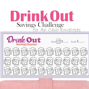May include: A printable savings tracker sheet with the title "Drink Out Savings Tracker" and a grid of 36 beer mugs. The sheet is designed for A6 cash envelopes.
