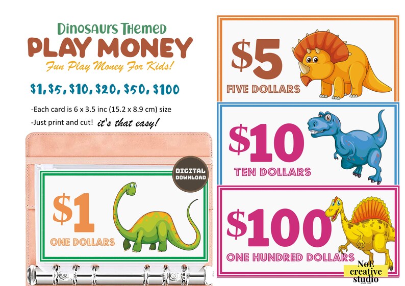 Printable Play Money Dinosaurs Themed Learning Money Pretend - Etsy