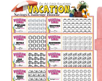 Vacation Savings Challenge Bundle, A6 Money Saving Challenge, Printable Savings Tracker, A6 Cash Envelopes, Vacation Fund