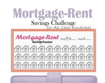 Può includere: Un tracker di risparmio per mutui o affitti stampabile con un bordo rosa e arancione. Il tracker ha 36 piccole icone di case con lucchetti. Il testo "Mortgage-Rent Savings Tracker" è in cima al tracker. Il testo "Ogni: $ ___ Obiettivo: $ ___" è in alto a destra del tracker.