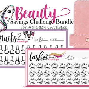 May include: Two printable A6 cash envelope savings challenge trackers. One tracker is for nails with a graphic of nail polish bottles. The other tracker is for lashes with a graphic of eyelashes. Both trackers have spaces to write the cost of each item and the savings goal.