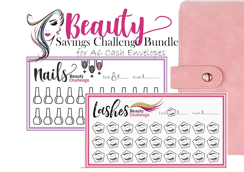 May include: Two printable A6 cash envelope savings challenge trackers. One tracker is for nails with a graphic of nail polish bottles. The other tracker is for lashes with a graphic of eyelashes. Both trackers have spaces to write the cost of each item and the savings goal.