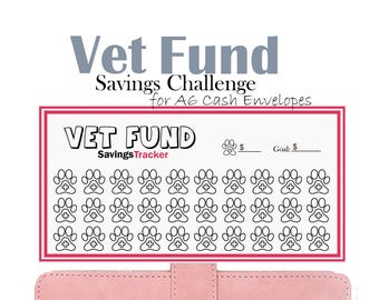 Puede incluir: Un rastreador de ahorros imprimible para un fondo veterinario. El rastreador presenta un diseño de huella de pata y un espacio para realizar un seguimiento del progreso de los ahorros. El texto "VET FUND Savings Tracker" está impreso en el rastreador.