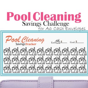 May include: A printable savings tracker for a pool cleaning challenge. The tracker features a grid of 36 icons of a bucket and broom. The text "Pool Cleaning Savings Tracker" is at the top of the tracker. The text "Each $ ____ Goal: $ ____" is at the top right of the tracker.