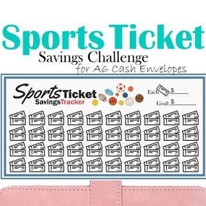 Puede incluir: Un rastreador de ahorros de boletos deportivos imprimible para sobres de efectivo A6. El rastreador presenta una cuadrícula de 48 boletos con espacio para escribir el monto ahorrado por cada boleto. El rastreador también incluye una sección para escribir el monto objetivo y el monto ahorrado por boleto.