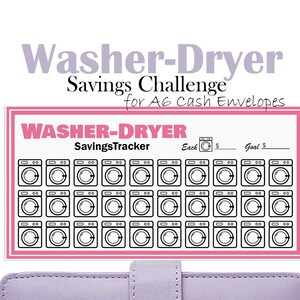 May include: A savings tracker for A6 cash envelopes with the text "Washer-Dryer Savings Challenge". The design features a pink and white rectangular frame with a grid of washing machine icons for tracking savings goals.