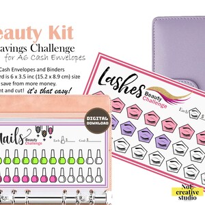 May include: A printable beauty savings challenge kit for A6 cash envelopes. The kit includes three printable cards: nails, lashes, and a general savings tracker. Each card has a pink, purple, and green color scheme and features a goal tracker with a space to write down the amount of money saved for each item.