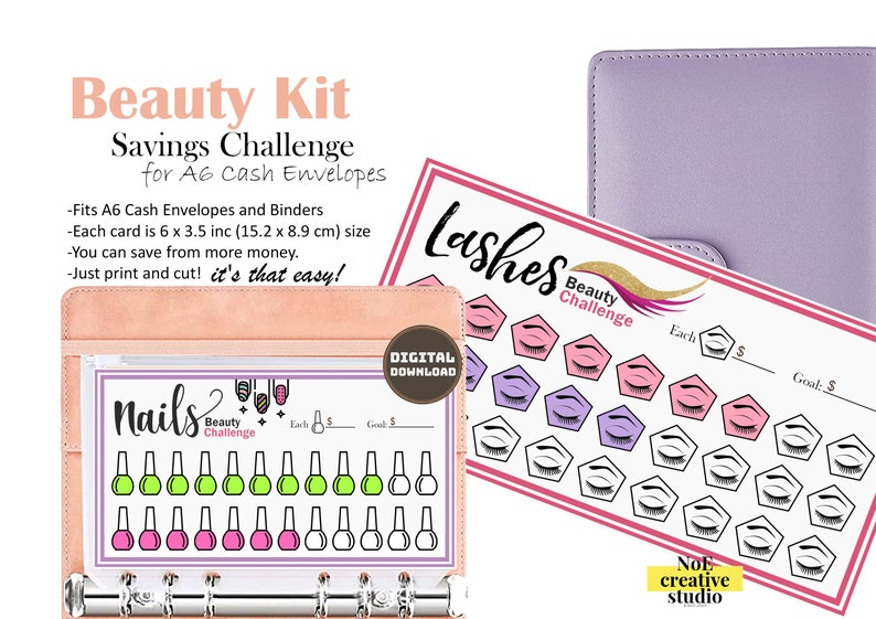 May include: A printable beauty savings challenge kit for A6 cash envelopes. The kit includes three printable cards: nails, lashes, and a general savings tracker. Each card has a pink, purple, and green color scheme and features a goal tracker with a space to write down the amount of money saved for each item.