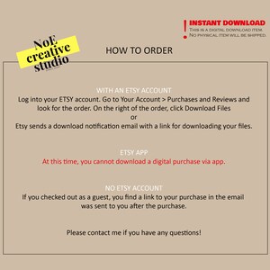 May include: A white and yellow graphic with the text "NOE creative studio" and instructions on how to download a digital purchase from Etsy. The text includes instructions for downloading with an Etsy account, using the Etsy app, and for guests who checked out without an account.