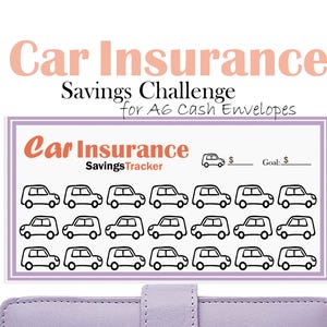 May include: A printable savings tracker for car insurance. The tracker features a light purple background with a white border and a black and white illustration of a car. The text "Car Insurance Savings Tracker" is in black text on a white background. The text "Goal: $ _____" is in black text on a white background. There are 24 black and white car illustrations.