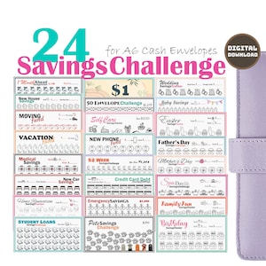 24 Savings Challenges for A6 Cash Envelopes, Printable Budget Binder Inserts, Mini Savings Tracker Bundle