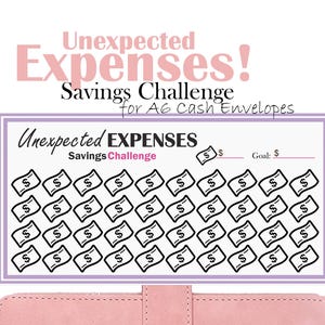 Puede incluir: Un rastreador de desafíos de ahorro imprimible para gastos inesperados. El rastreador presenta una cuadrícula de 40 iconos de billetes de dólar con espacios para escribir un monto objetivo y los ahorros actuales. El texto "¡Gastos inesperados! Desafío de ahorro para sobres de efectivo A6" está en la parte superior del rastreador.