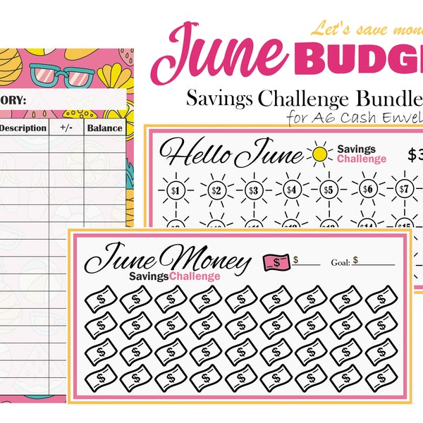 June Savings Challenge Bundle, Fits A6 Cash Envelopes, Printable Budget Binders Insert, Monthly Savings Tracker