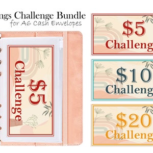May include: A set of three colorful printable cash envelope challenge cards with a retro design. The cards are labeled with the text "$5 Challenge", "$10 Challenge", and "$20 Challenge".