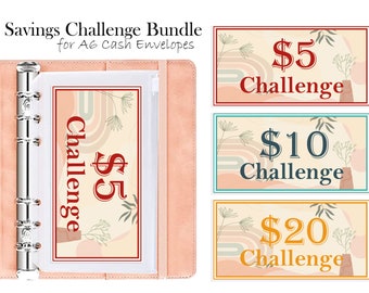 Dollar Savings Challenge Bundle, Fits A6 Cash Envelopes, Printable Budget Binder Insert, 5, 10, 20 Dollars Saving Trackers